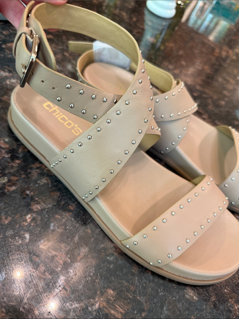 Chico's Nude Studded Cross-Strap Sandals